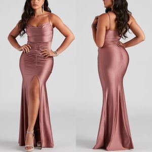 Satin Ruched Slip Prom Dress with Front Slit - Rose Brown